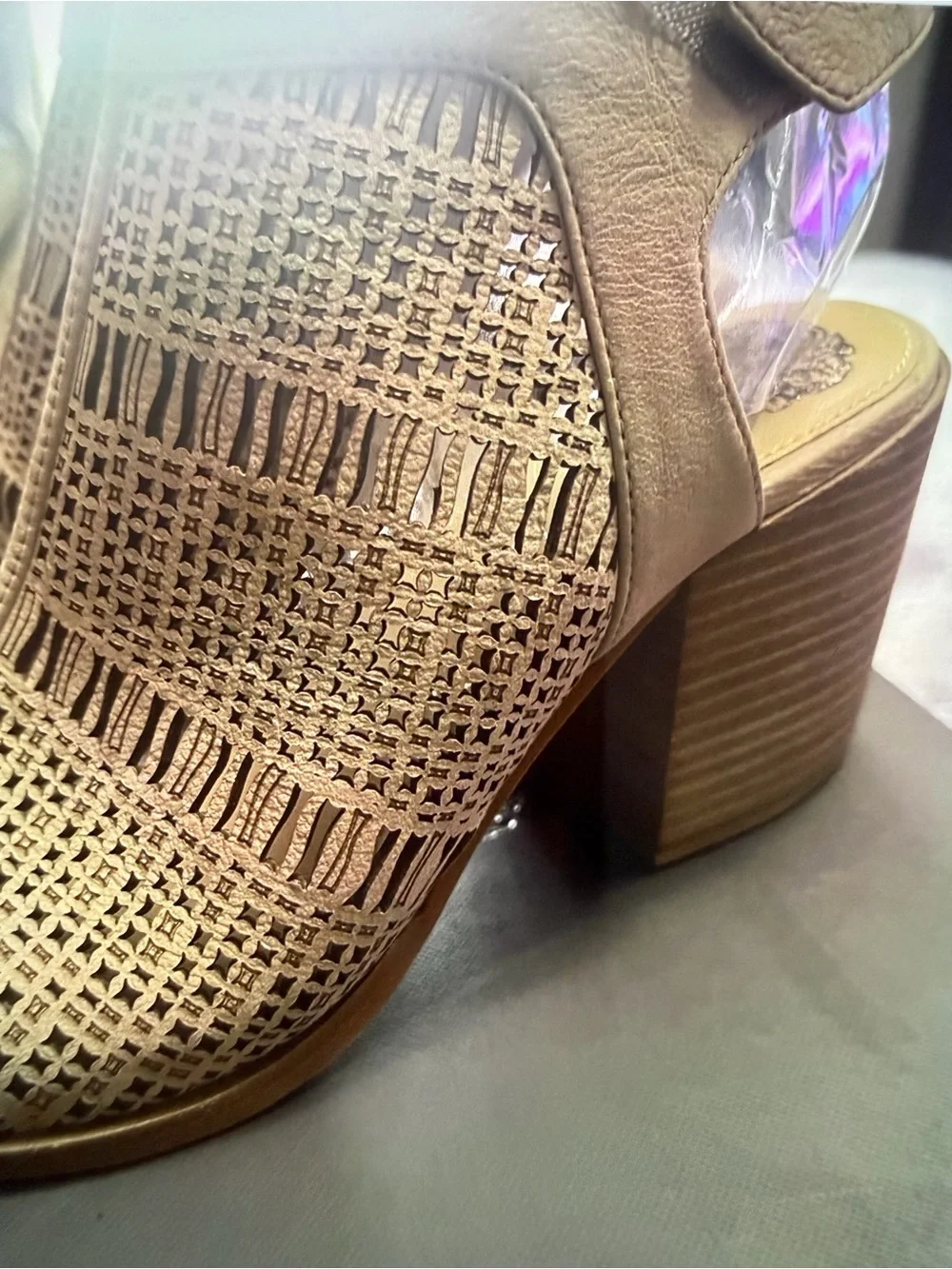 Vince Camuto Taupe Laser-Cut Peep-Toe Wedge Sandals